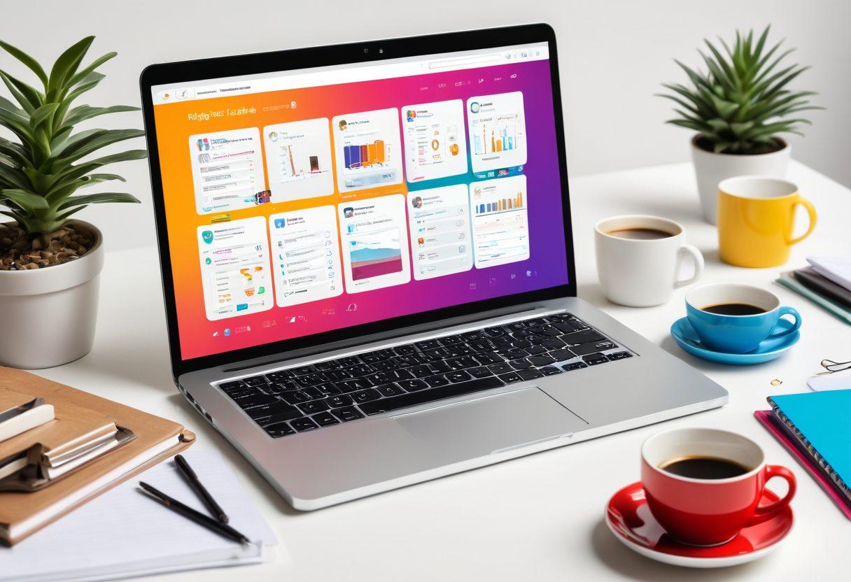 A vibrant digital workspace with a laptop displaying a blog dashboard, surrounded by creative tools like notebooks and coffee cups. In the background, a diverse group of people connecting through their devices, symbolizing a thriving online community. Bright colors to evoke creativity and inspiration. super-realistic. vibrant colors. white background.