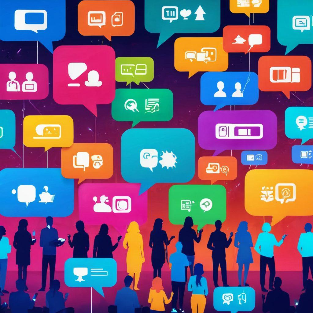 A vibrant digital landscape featuring a diverse group of people engaging with interactive screens, sharing ideas and knowledge. The background should include colorful icons representing blogs, community, and technology, symbolizing connection. Include elements like speech bubbles and glowing lines to illustrate communication flow. The scene should evoke a sense of collaboration and community, inviting viewers in. super-realistic. vibrant colors. 3D.