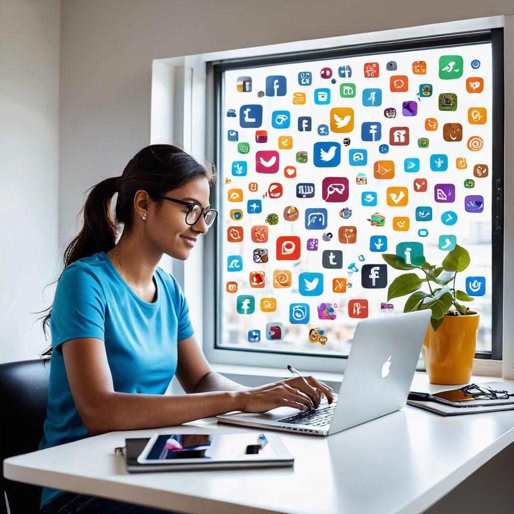 A person at a desk with a laptop, surrounded by floating colorful social media icons representing various platforms; they are writing creatively and sipping coffee, with a bright, inspiring window view in the background. The atmosphere is cheerful and productive, emanating a sense of influence and engagement. super-realistic. vibrant colors. white background.